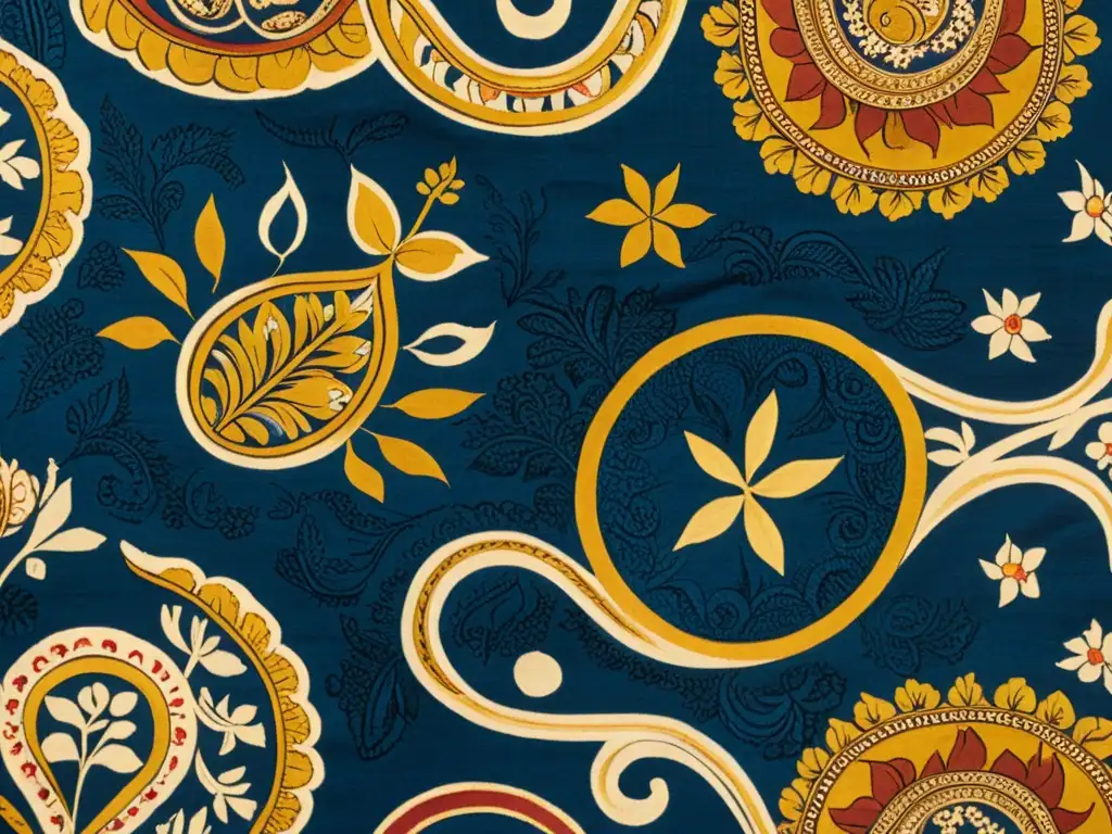 Detalle de textil Kalamkari: colores vibrantes y diseños mitológicos, reflejo del proceso sagrado de pintura Kalamkari