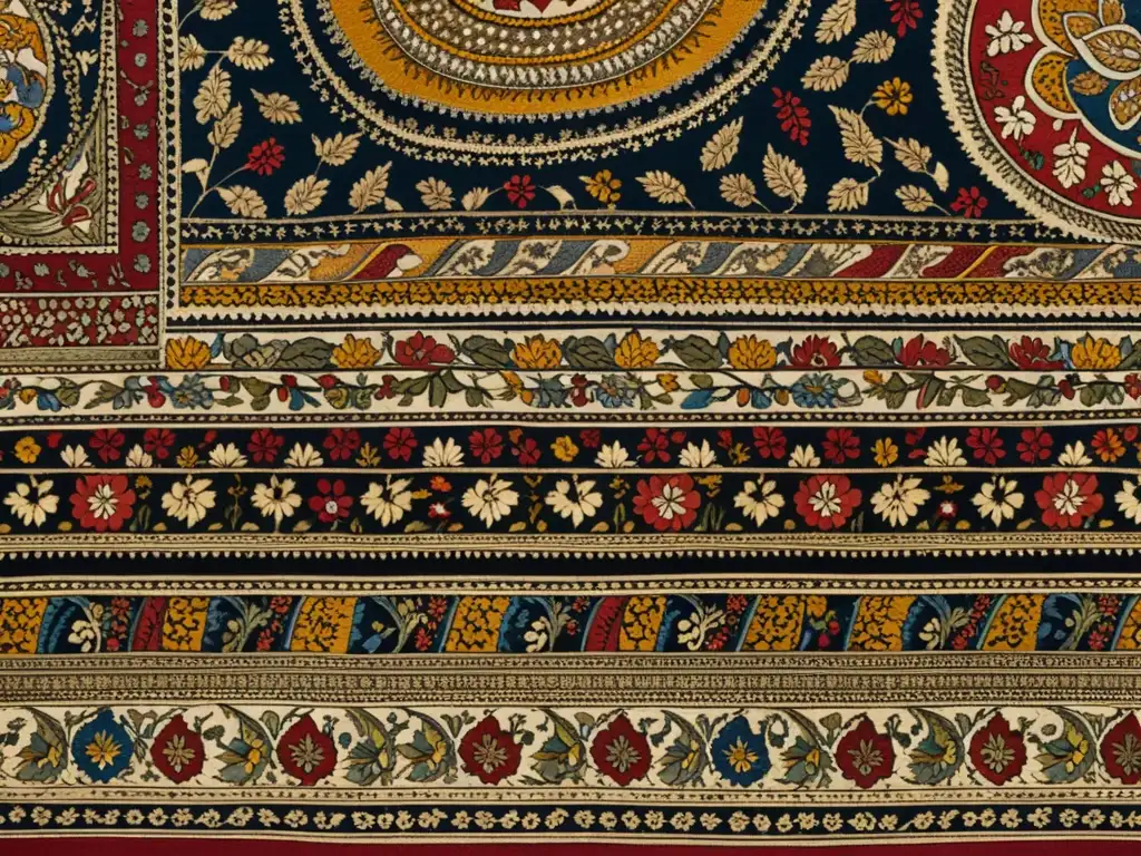 Detalle de un textil Kalamkari con colores vibrantes y meticulosa artesanía, destacando el proceso sagrado de pintura Kalamkari