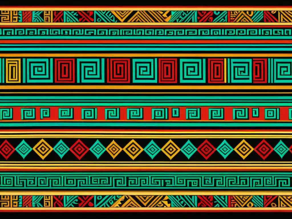 Detalle de un textil inca con vibrantes colores y complejos patrones geométricos, reflejando la riqueza cultural y el arte inca