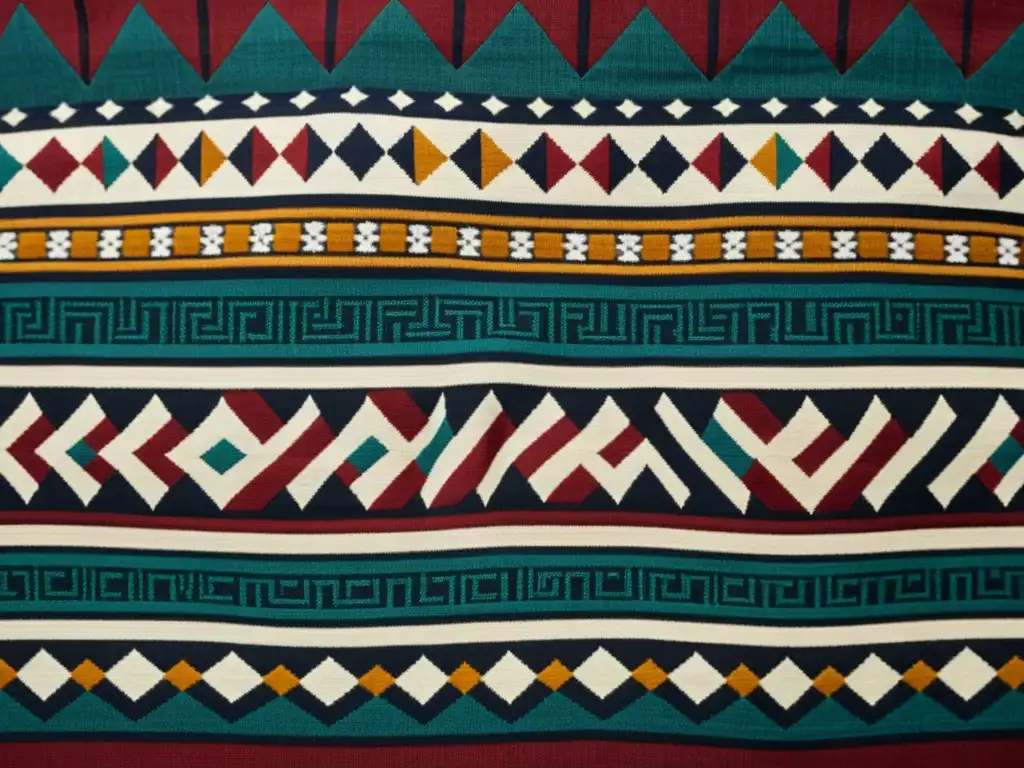 Detalle de un textil indígena con patrones tradicionales en tonos terrosos, que evocan la rica historia y cultura de la comunidad