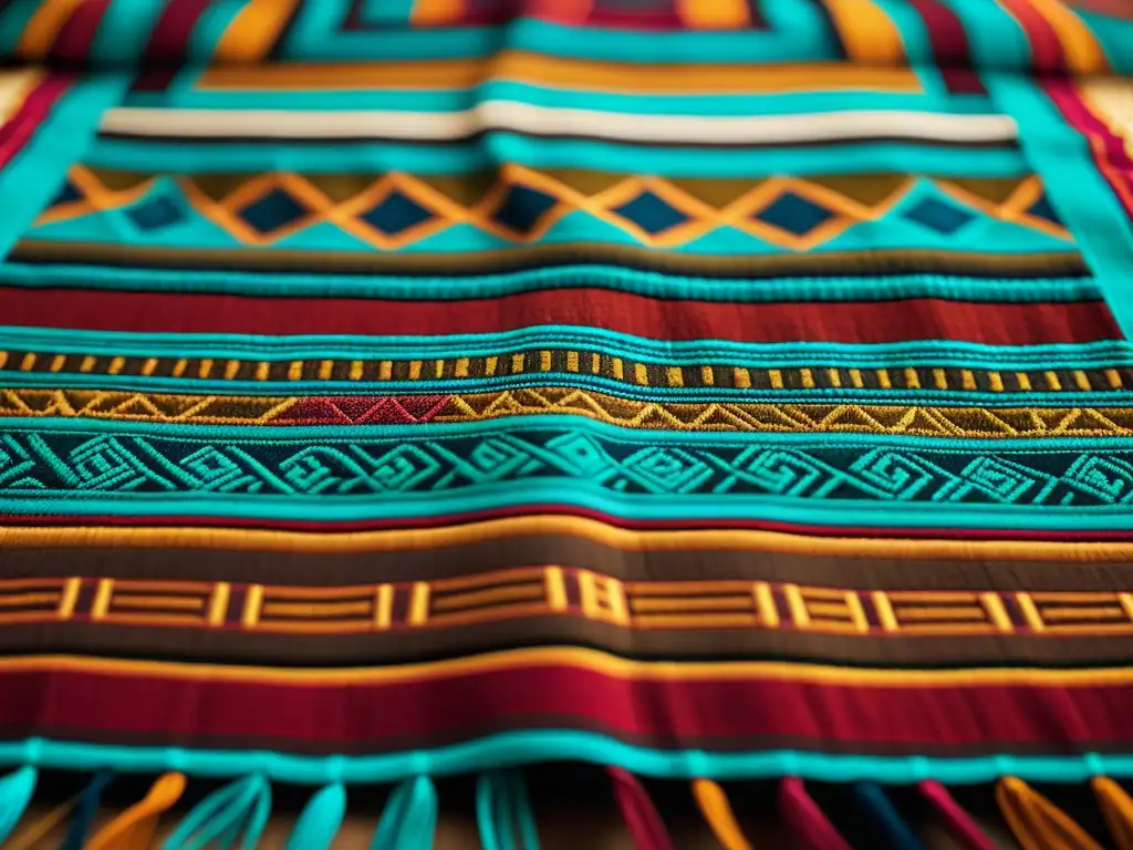 Detalle de un textil maya con patrones artísticos de civilizaciones antiguas en ricos tonos terrosos y elaborada tejeduría y bordado