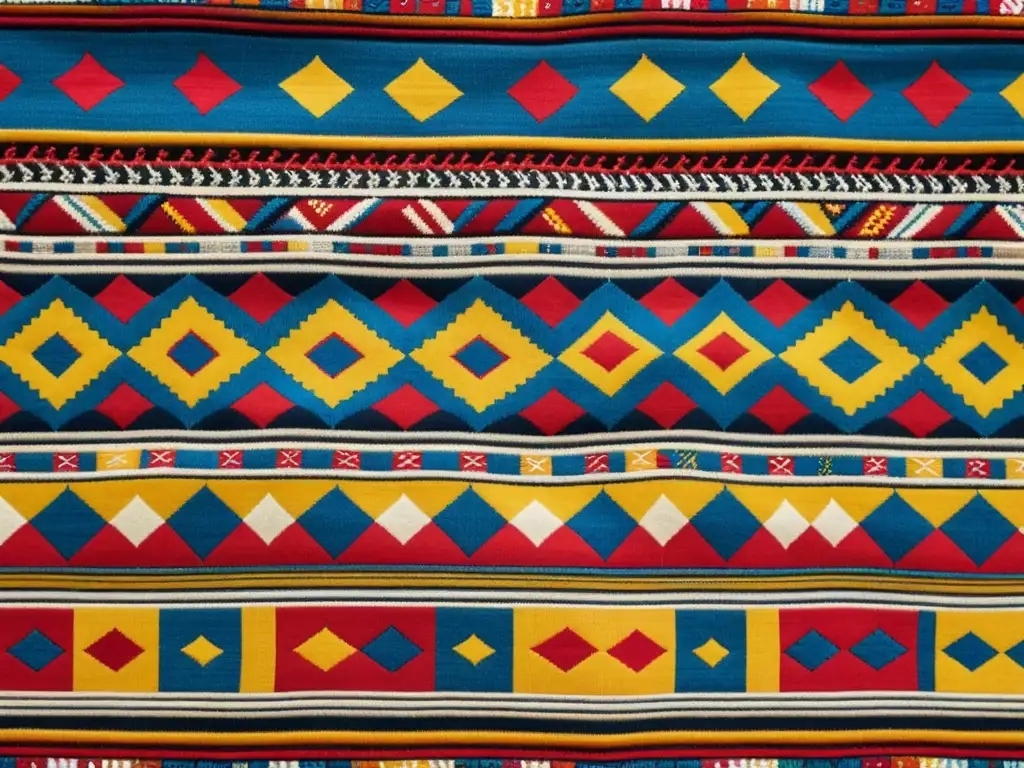 Textil peruano vintage: Patrones geométricos vibrantes Detalle de textil peruano vintage con fusión de patrones nativos y técnicas modernas en rojo, azul y amarillo