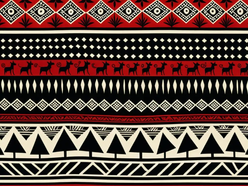 Detalle de textil Warli prints arte tribal en tonos tierra, evocando herencia cultural y significado artístico