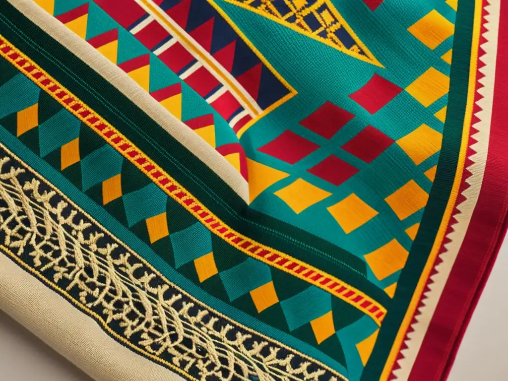 Detalle de textil tradicional con colores vibrantes y patrones intrincados, ricos en significado cultural y artesanía