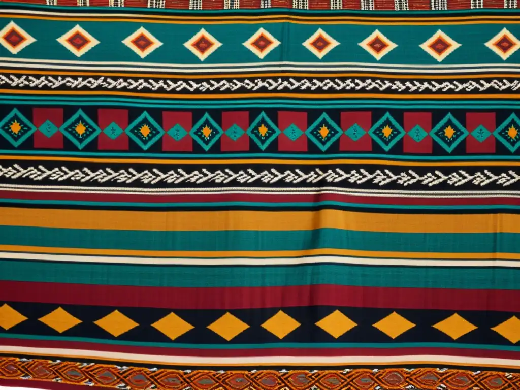 Detalle de textil tradicional con patrones étnicos en colores vibrantes, evocando influencia cultural en branding