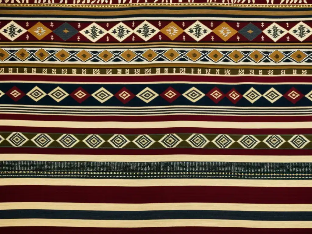 Detalle de textil vintage con patrones étnicos en tonos tierra, evocando autenticidad y tradición