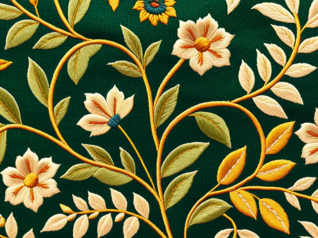 Detalle de textil vintage con patrones botánicos en tonos terrosos, exudando elegancia atemporal y artesanía de alta gama