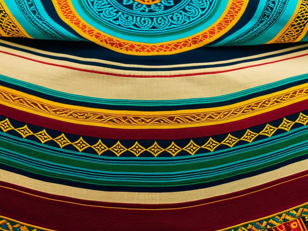 Detalle de textiles tradicionales con patrones artísticos milenarios y tecnología, evocando historia y artesanía atemporal