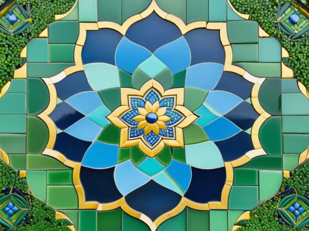 Detalle de mosaico árabe contemporáneo en tonos azules, verdes y dorados, evocando la belleza atemporal y la artesanía meticulosa de los mosaicos árabes