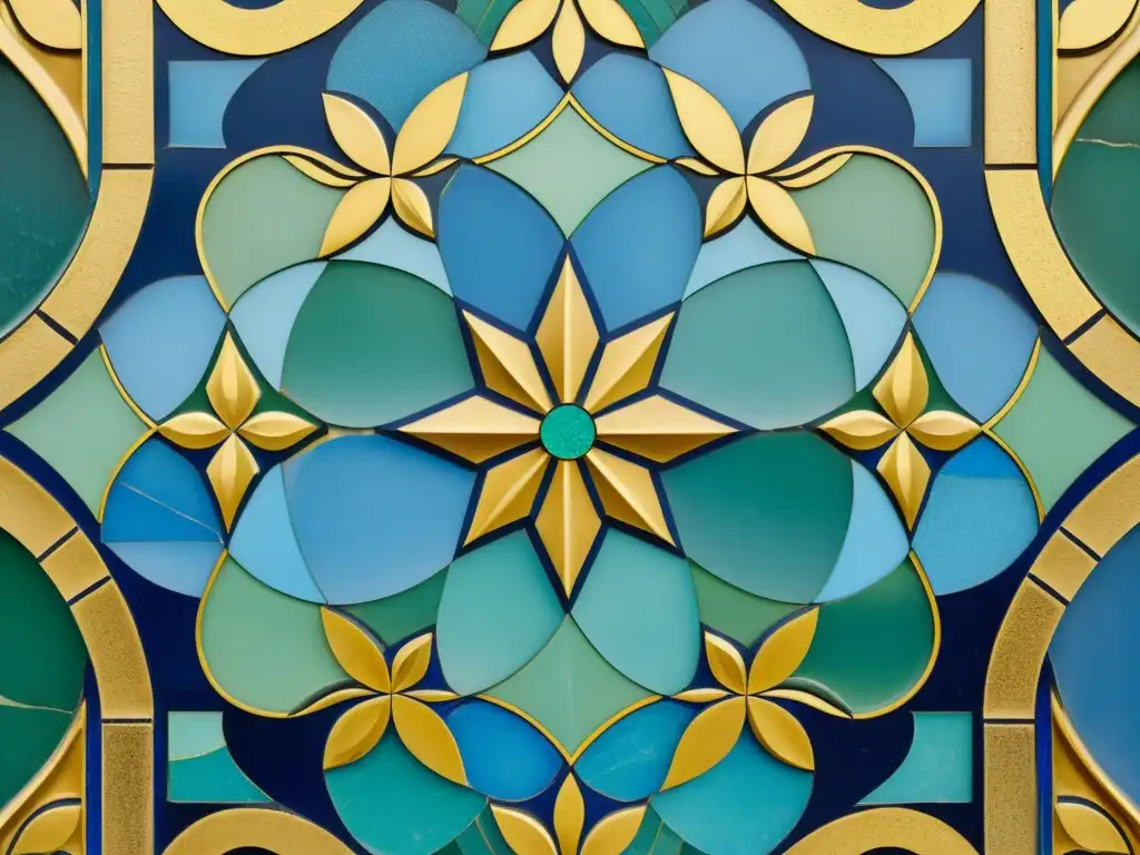 Detalle de mosaico árabe en tonos azules, verdes y dorados envejecido, con motivos florales y geométricos