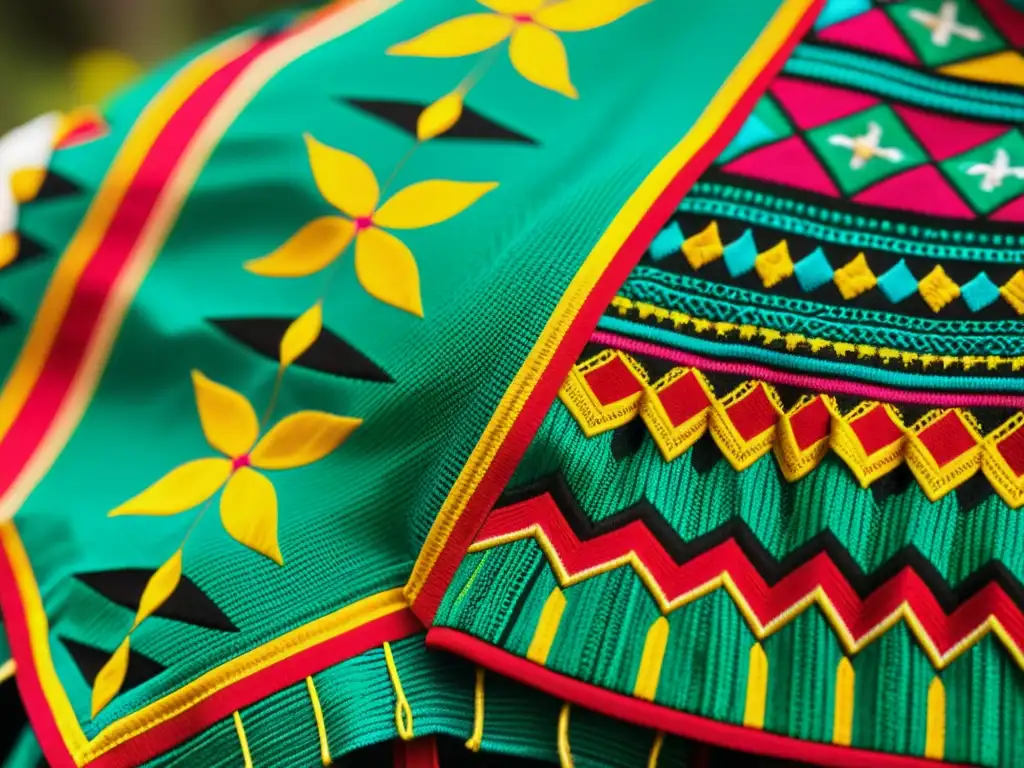 Detalle del traje tradicional de Papantla con vibrantes colores y patrones artísticos en festivales, resaltando la artesanía y la herencia cultural