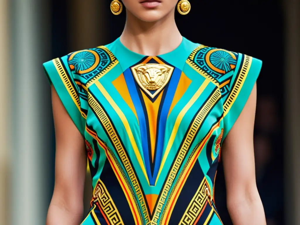 Detalle de un vestido Versace con patrones geométricos en moda de lujo, resaltando la fusión de diseño y precisión artística