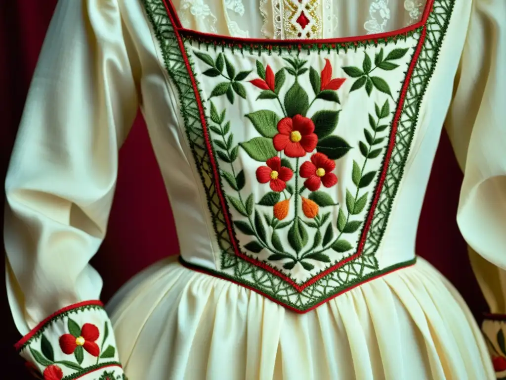 Detalle de un vestido del siglo XIX con patrones artísticos y bordados delicados en sepia, evocando nostalgia y elegancia atemporal