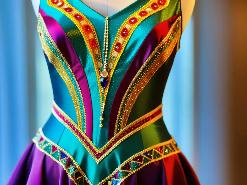 Vestido de alta costura vintage: lujo y artesanía Detalle de un vestido vintage de alta costura con patrones artísticos y vibrantes colores, exudando lujo y elegancia