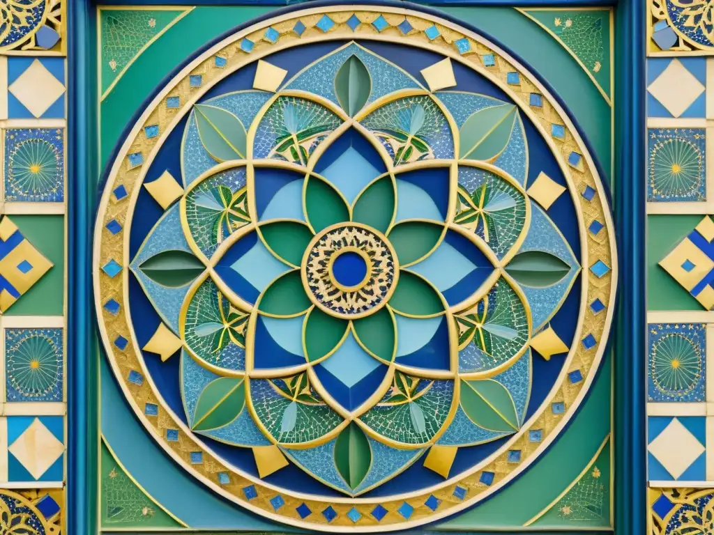 Detalle vibrante de mosaico árabe con conexión sagrada en tonos azules, verdes y dorados, evocando precisión matemática y misticismo