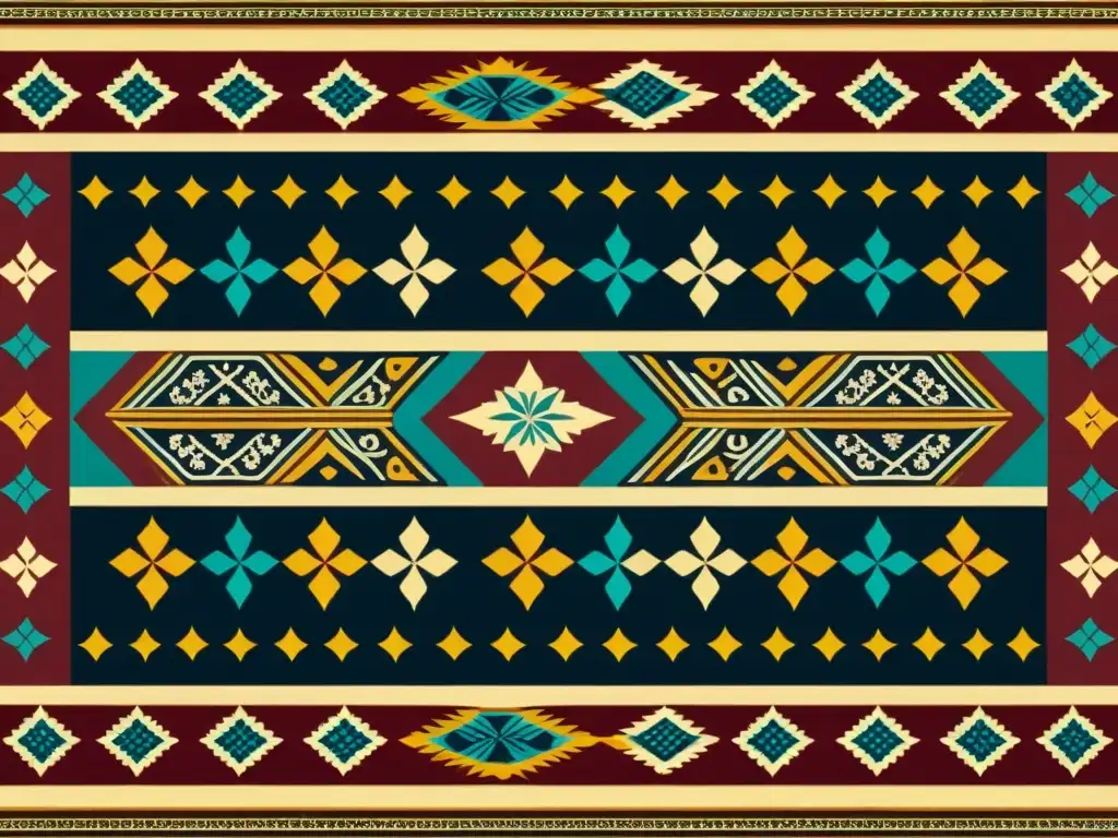 Textil tradicional: Detalles vibrantes y patrones cautivadores Detalle vibrante de un diseño de interfaces con patrones tradicionales en textil vintage, rico en historia y colores cautivadores