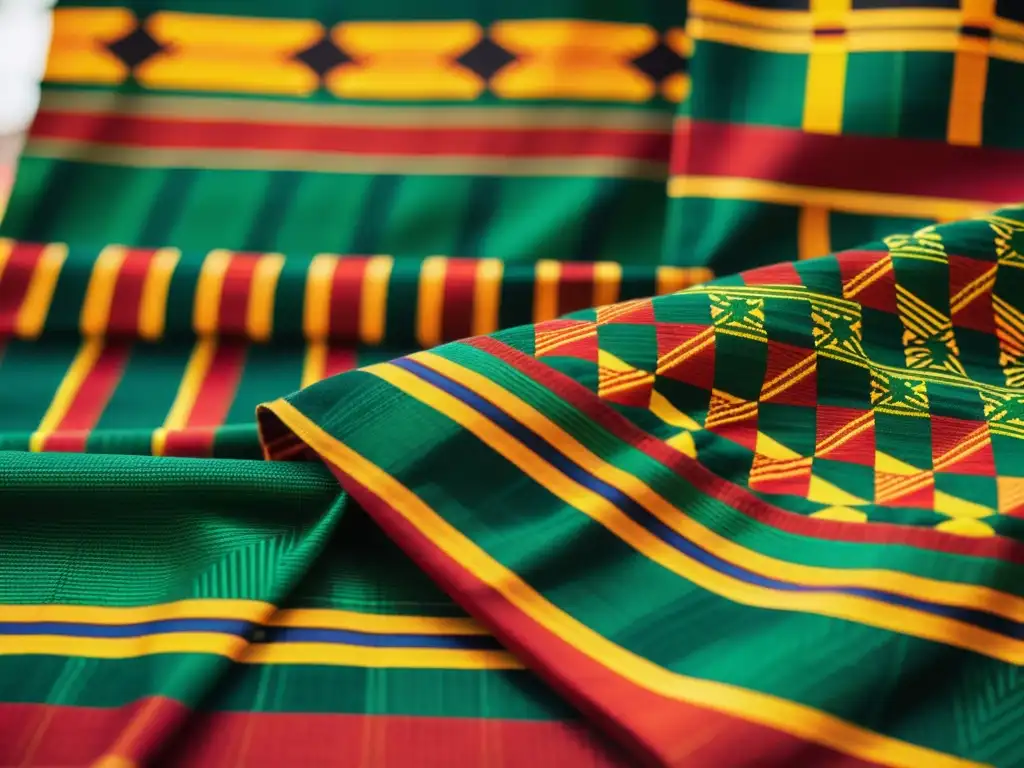 Kente africano tejido a mano: colores vibrantes Detalle vibrante del Kente, protección autenticidad tejidos africanos, artesanía y colores en rojo, dorado y verde