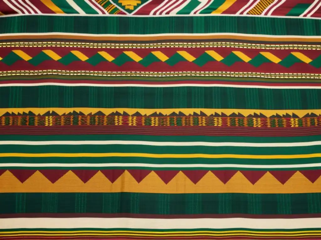 Detalle de vibrante tela Kente con patrones abstractos textiles Ashanti en tonos tierra y textura detallada