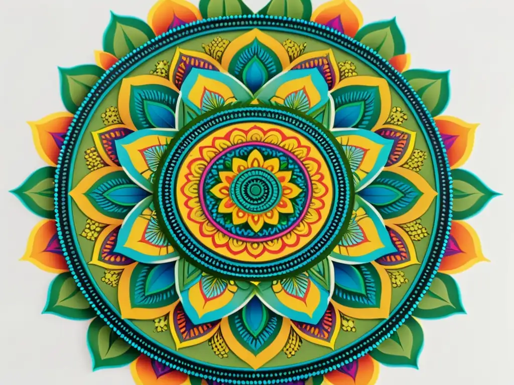 Detalle vibrante de un mandala en lienzo blanco