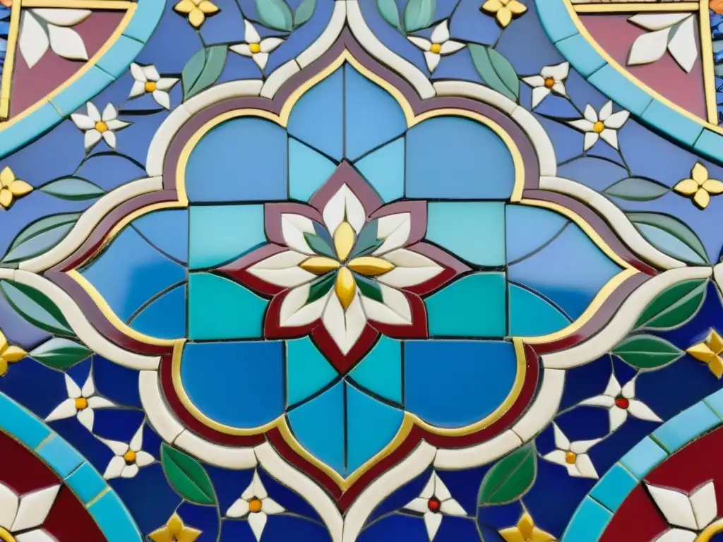 Detalle vibrante de un mosaico árabe con patrones geométricos y motivos florales