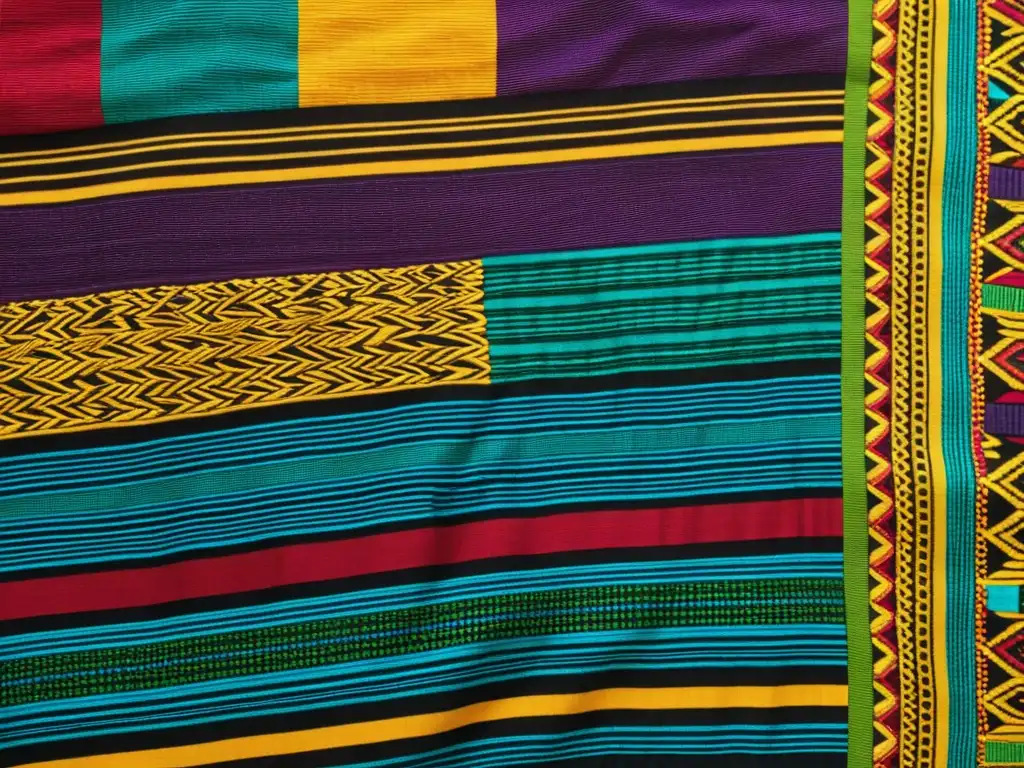 Detalle de tejido africano vibrante, con patrones intrincados y colores llamativos, muestra la resistencia política y la artesanía cultural