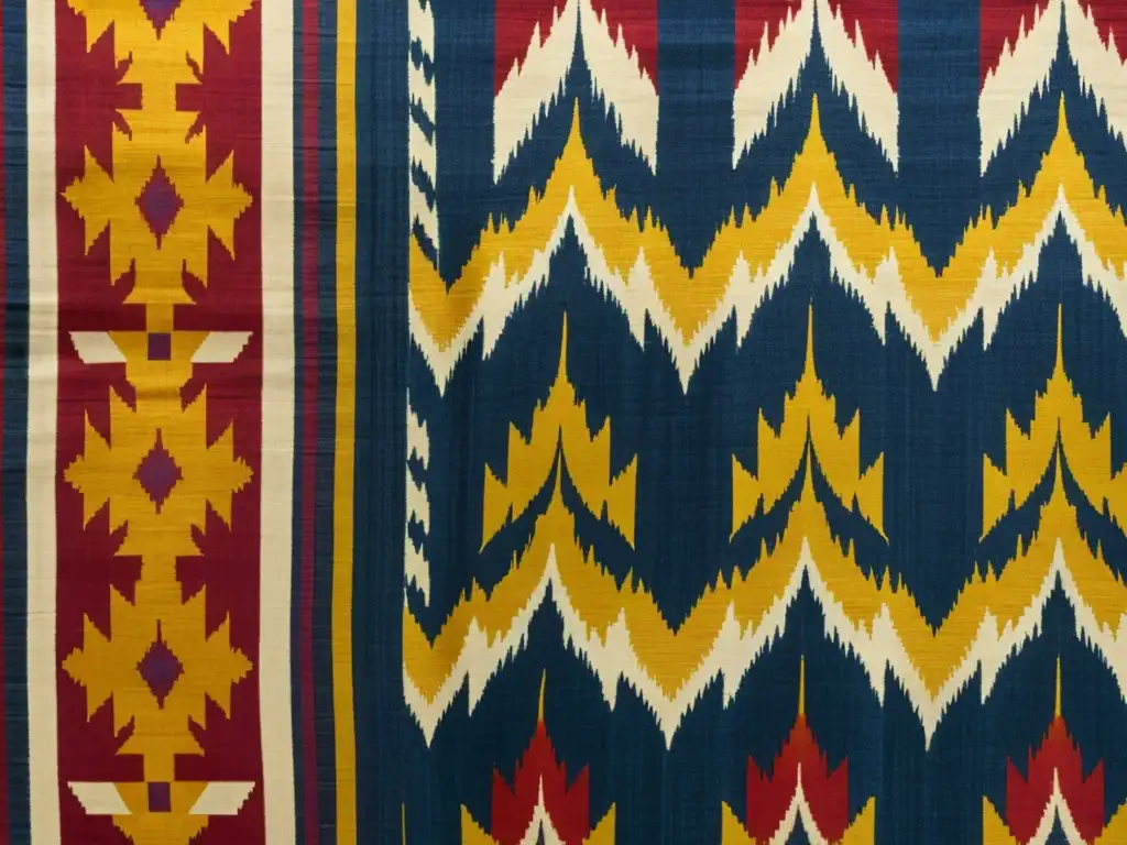 Detalle vibrante de un tejido Ikat vintage de la India, resaltando su significado cultural y renacimiento en colores índigo, carmesí y dorado