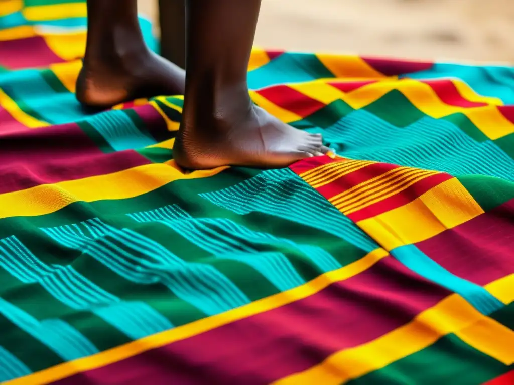 Kente africano: vibrantes patrones y colores en alta resolución Detalle de un vibrante tejido Kente de Ghana, mostrando patrones geométricos intrincados y colores contrastantes