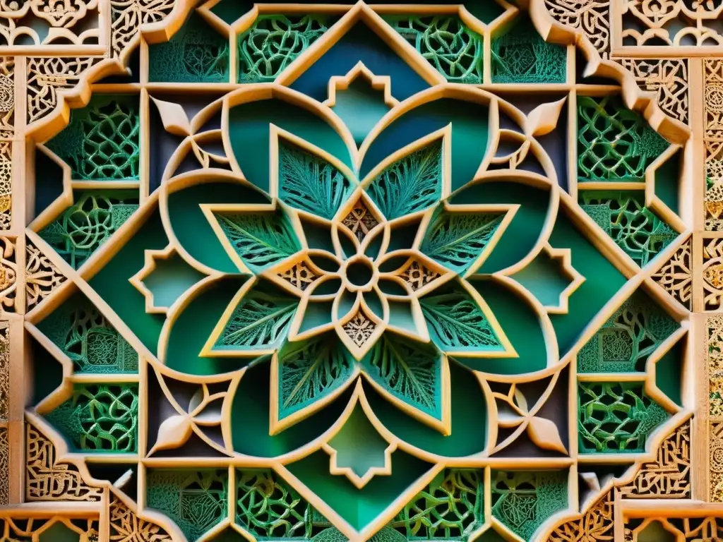 Detalle de los vibrantes patrones islámicos en la Alhambra de Granada, evocando la riqueza cultural y la maestría artística de la época