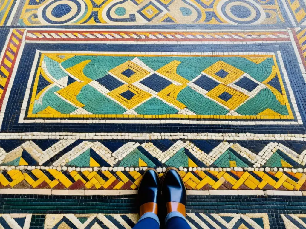 Detalle de los vibrantes patrones de mosaico en la Villa Romana del Casale, reflejando la sofisticación de la arquitectura del Imperio romano