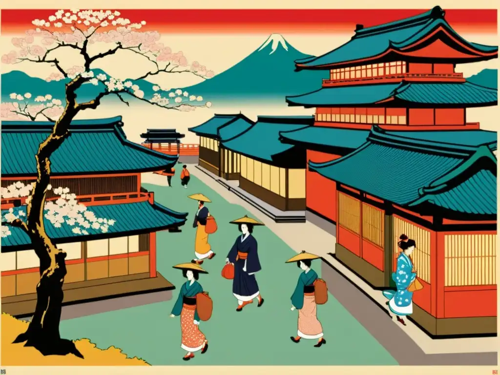 Detalle de vibrantes patrones de Ukiyoe del mundo en impresión vintage de escena callejera en Edo