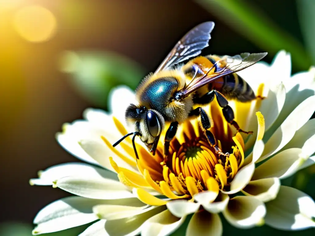 Detalle vintage de abeja cubierta de polen sobre flor vibrante