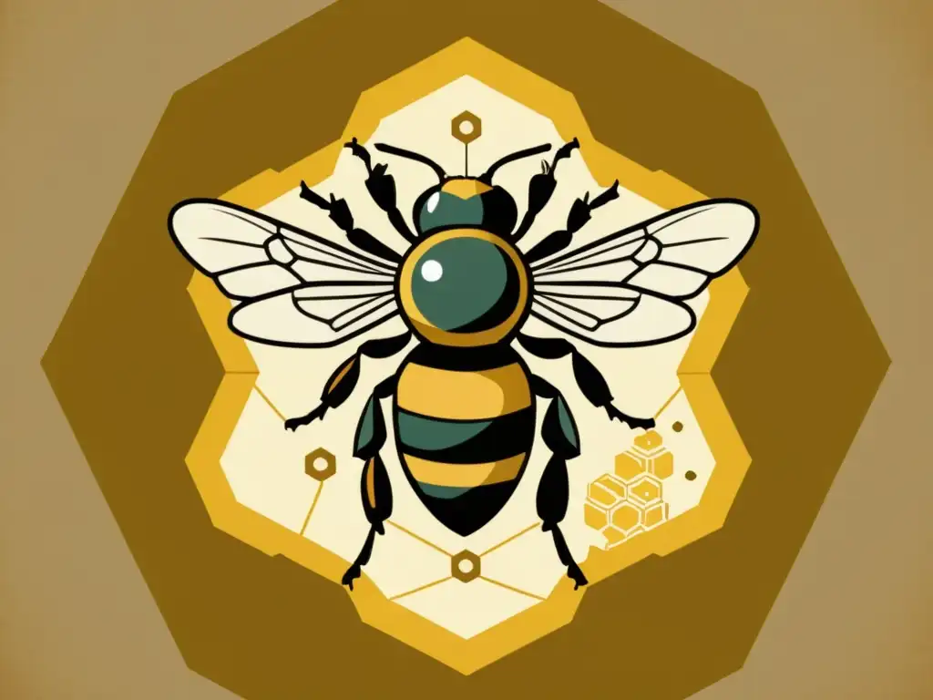 Ilustración vintage de abeja construyendo panal con precisión matemática Detalle vintage de una abeja construyendo un panal con patrones geométricos, evocando la precisión matemática y la belleza natural