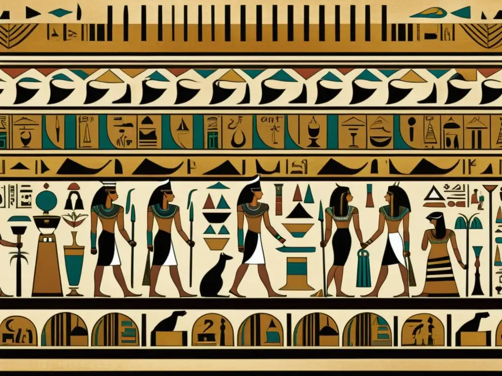 Detalle vintage de complejos patrones jeroglíficos egipcios en tonos tierra