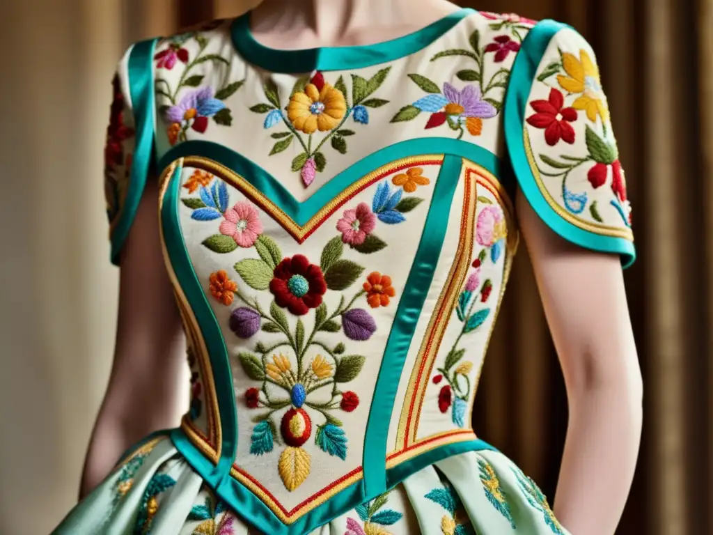 Bordado de Alta Costura: Elegancia y Arte en Detalle Detalle vintage de un exquisito vestido de alta costura con patrones artísticos, evocando elegancia y narrativa en la moda de alta gama