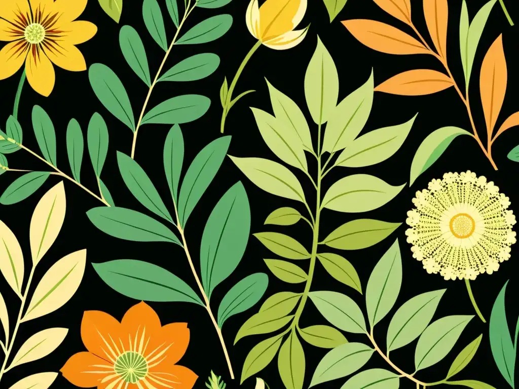 Detalle vintage de ilustración botánica, exuberante y colorida, resaltando la importancia de patrones en la biodiversidad floral