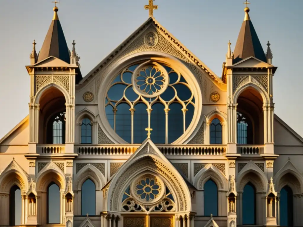 Detalle vintage de la fachada de una catedral al atardecer, resaltando patrones artísticos de arquitectura mundial