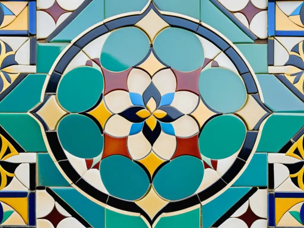 Detalle vintage de mosaico árabe que evoca la difusión de mosaicos árabes en diferentes culturas, con colores vibrantes y diseños geométricos precisos