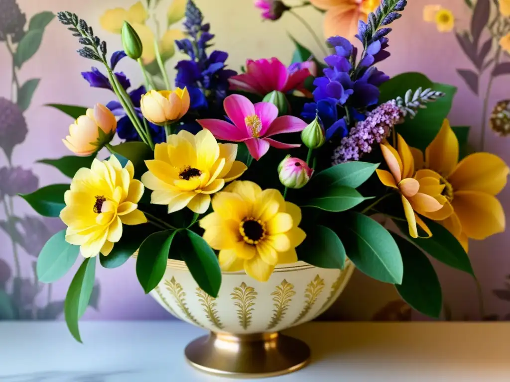 Detalle vintage de patrones florales en feria Medellín, con flores en tonos rosa, morado y amarillo, y fondo de vegetación exuberante