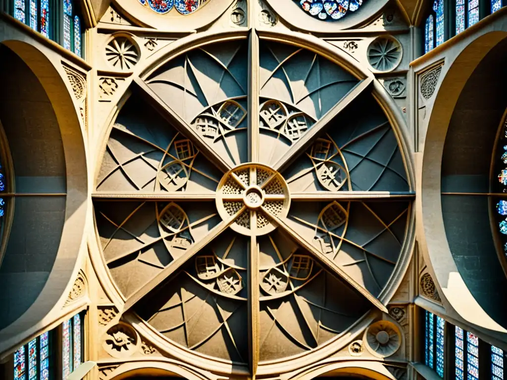 Detalle vintage de los patrones geométricos en el techo de la Catedral de Chartres, evocando el significado de los patrones geométricos