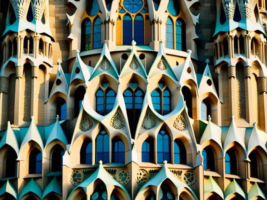 Detalle vintage de los patrones orgánicos en la Sagrada Familia, fusionando elementos naturales y geométricos de la obra maestra de Gaudí