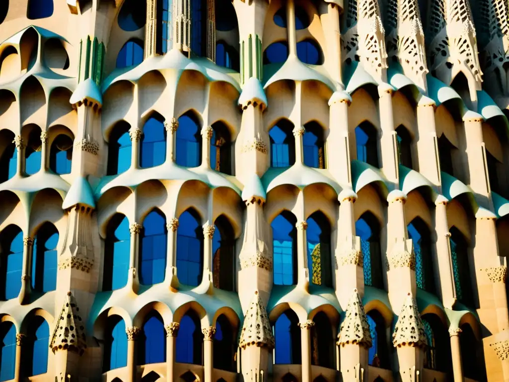 Detalle vintage de la Sagrada Familia, resaltando patrones orgánicos y la influencia de Gaudí