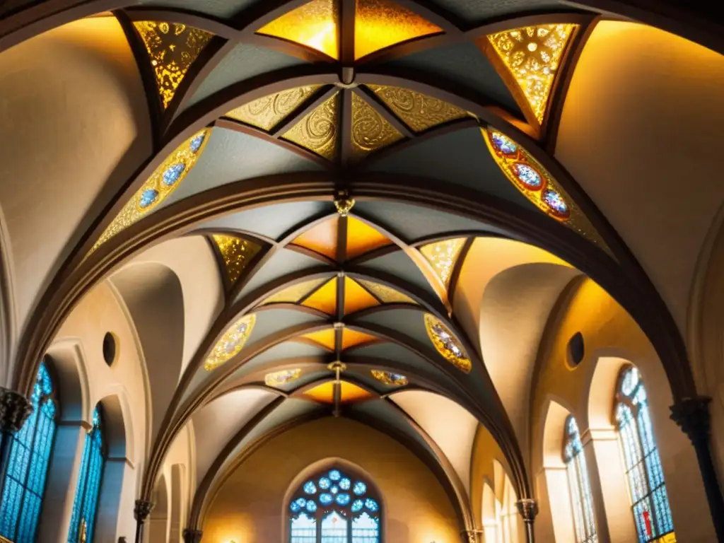 Detalles arquitectónicos de una catedral europea vintage, iluminados por luz filtrada a través de vitrales