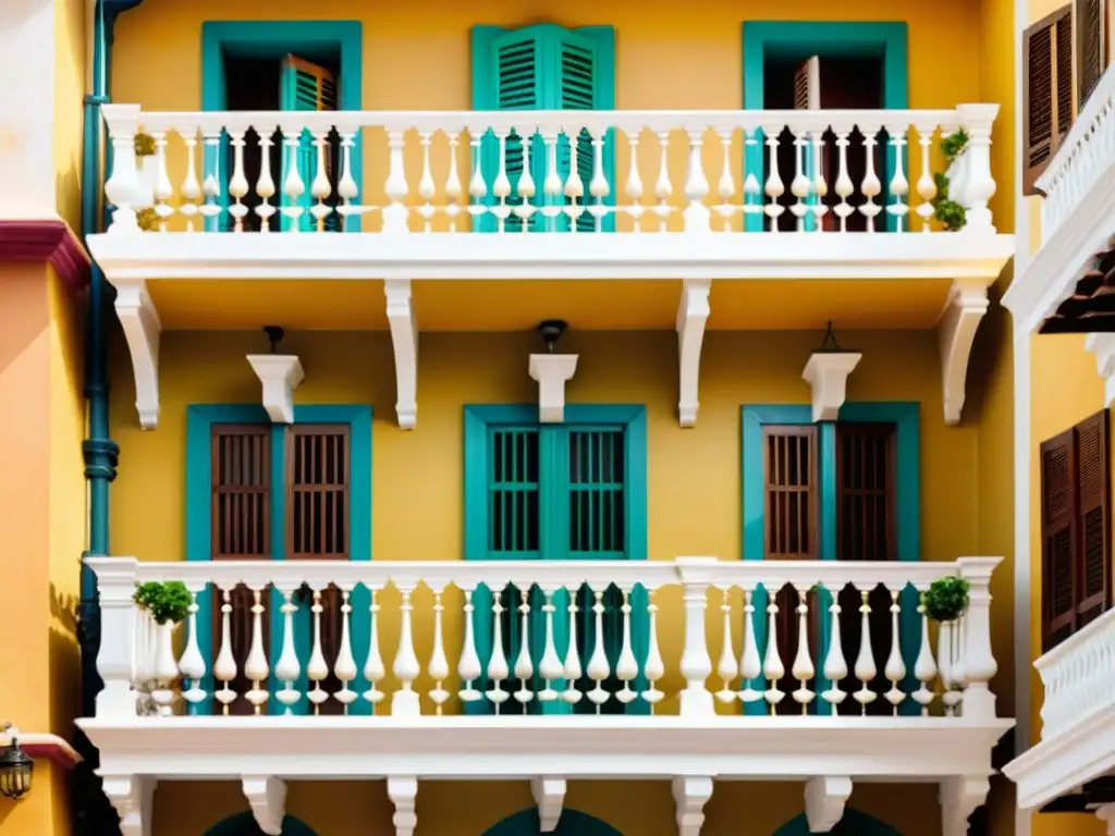 Detalles arquitectónicos de la colonial Cartagena: balcones de madera, fachadas coloridas, patrones y texturas únicos bajo la cálida luz dorada