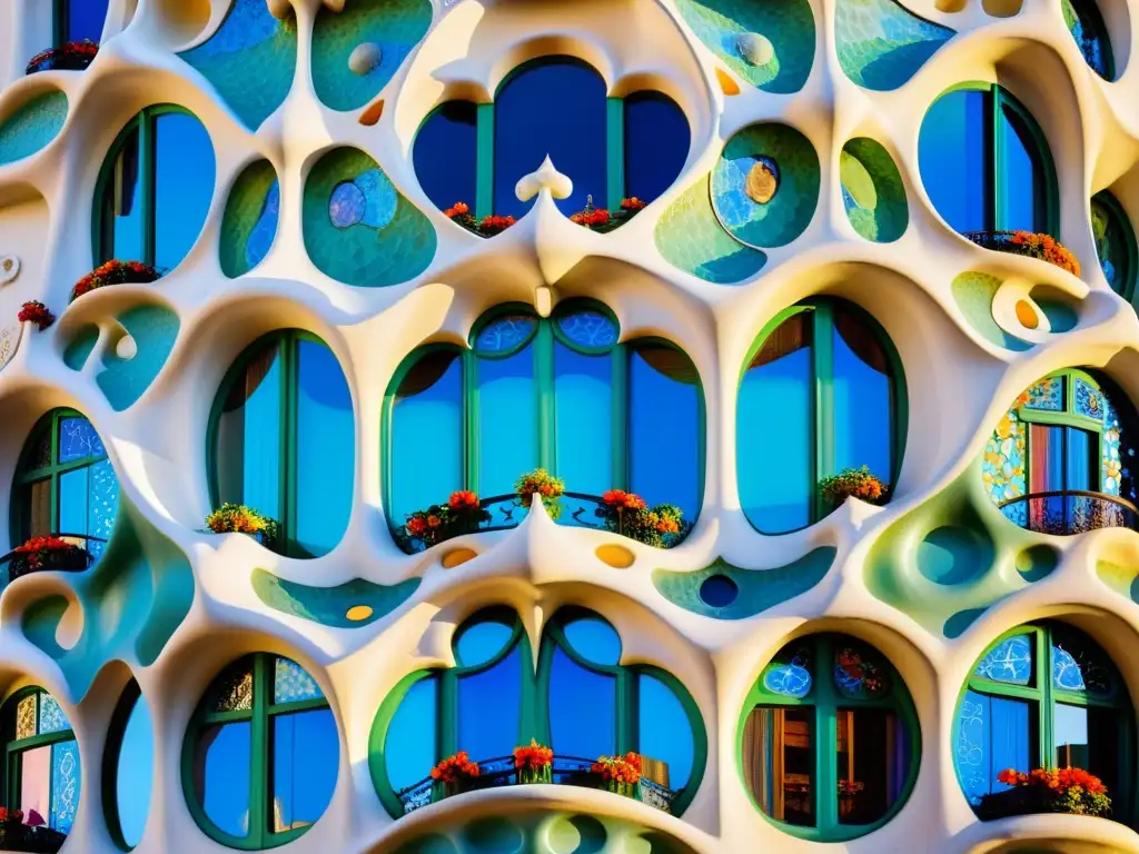 Detalles artísticos del Art Nouveau en Barcelona: Intrincados patrones florales en la fachada de Casa Batlló, evocando elegancia y sofisticación