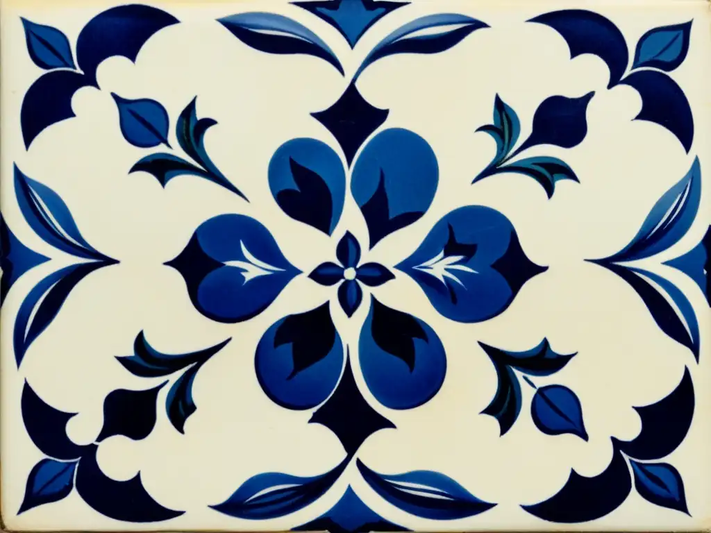 Detalles de un azulejo portugués vintage con diseño floral azul y blanco, mostrando la tradición de azulejos portugueses