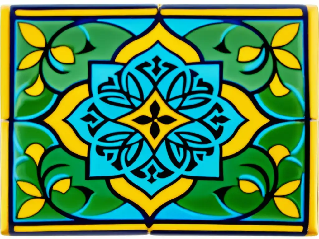 Detalles en azules, verdes y amarillos de azulejo cerámico vintage con patrones islámicos en arte mudéjar, mostrando historia y artesanía