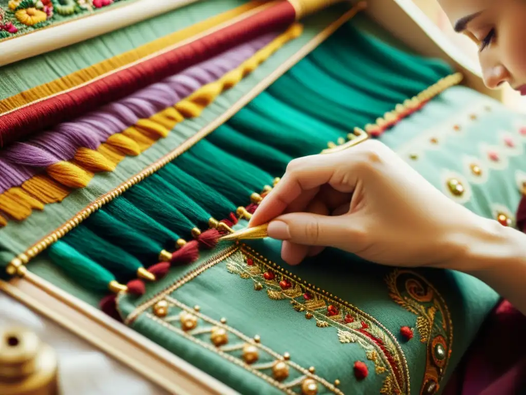 Detalles de bordados con historia en Rusia: manos expertas tejiendo una colorida obra de arte, evocando artesanía y legado cultural