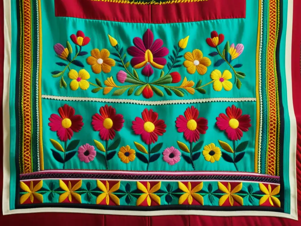 Detalles bordados de un textil mexicano, con colores vibrantes y patrones intrincados, evocando historias detrás de los patrones culturales