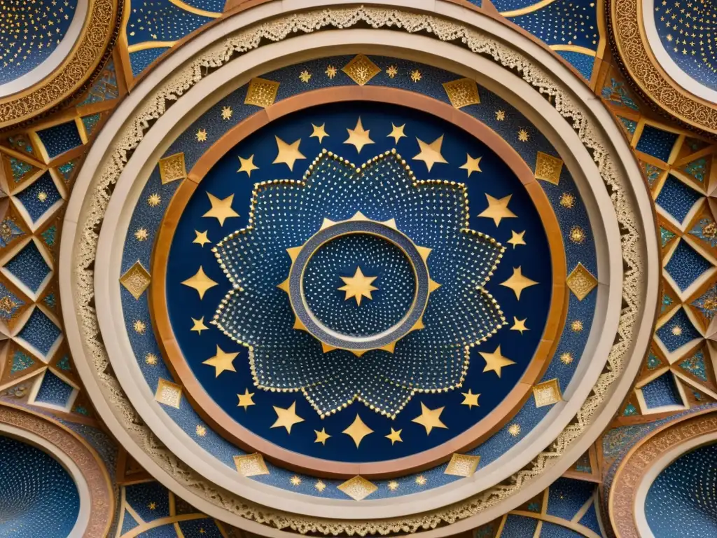 Detalles celestes en la arquitectura islámica: un mosaico vintage de estrellas, lunas y polígonos en tonos terrosos y azules profundos