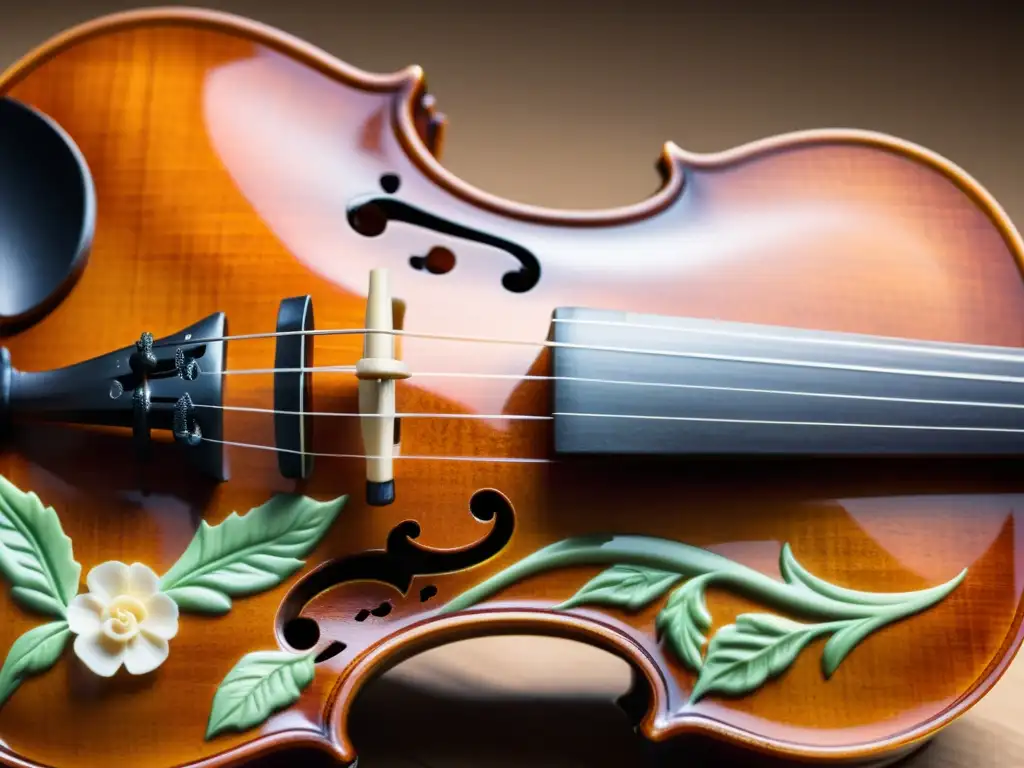 Violín barroco bellamente ornamentado: artesanía detallada en madera Detalles decorativos en un violín barroco, resaltando la artesanía y la historia